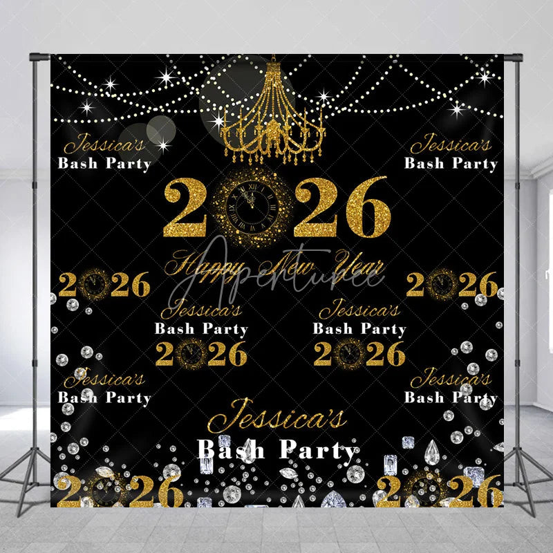 Aperturee - Aperturee Personalized 2026 Happy New Year Backdrop Black and Gold Glitter with Chandelier Custom NYE Bash Party Decor