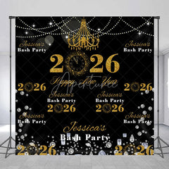 Aperturee - Aperturee Personalized 2026 Happy New Year Backdrop Black and Gold Glitter with Chandelier Custom NYE Bash Party Decor