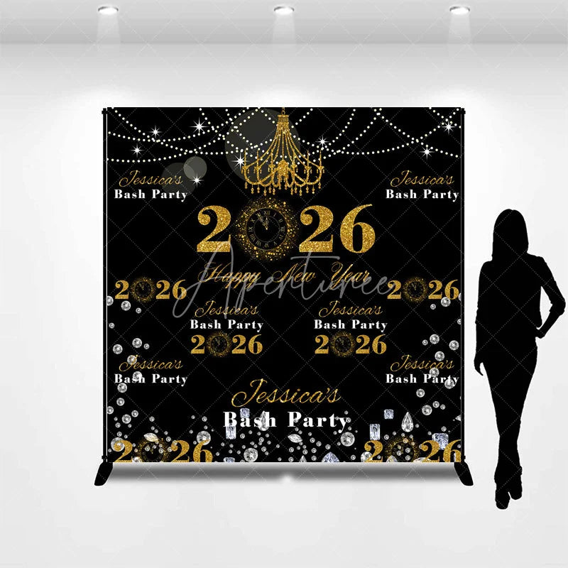 Aperturee - Aperturee Personalized 2026 Happy New Year Backdrop Black and Gold Glitter with Chandelier Custom NYE Bash Party Decor