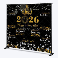 Aperturee - Aperturee Personalized 2026 Happy New Year Backdrop Black and Gold Glitter with Chandelier Custom NYE Bash Party Decor