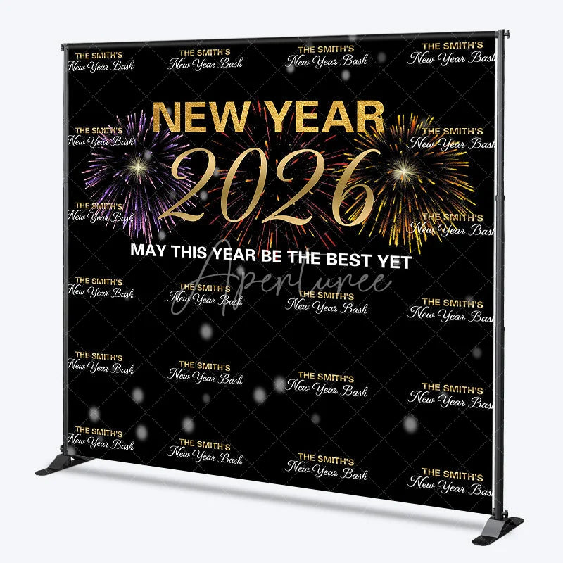 Aperturee - Aperturee Personalized 2026 New Year’s Eve Backdrop Black and Gold Fireworks Step and Repeat Custom NYE Bash Party Decor