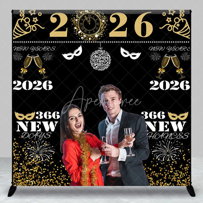 Aperturee - Aperturee Personalized 2026 New Year’s Eve Photo Backdrop Black and Gold ’366 New Chances’ Custom NYE Party Photo Booth