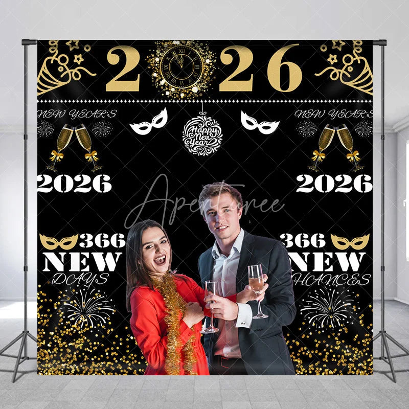 Aperturee - Aperturee Personalized 2026 New Year’s Eve Photo Backdrop Black and Gold ’366 New Chances’ Custom NYE Party Photo Booth