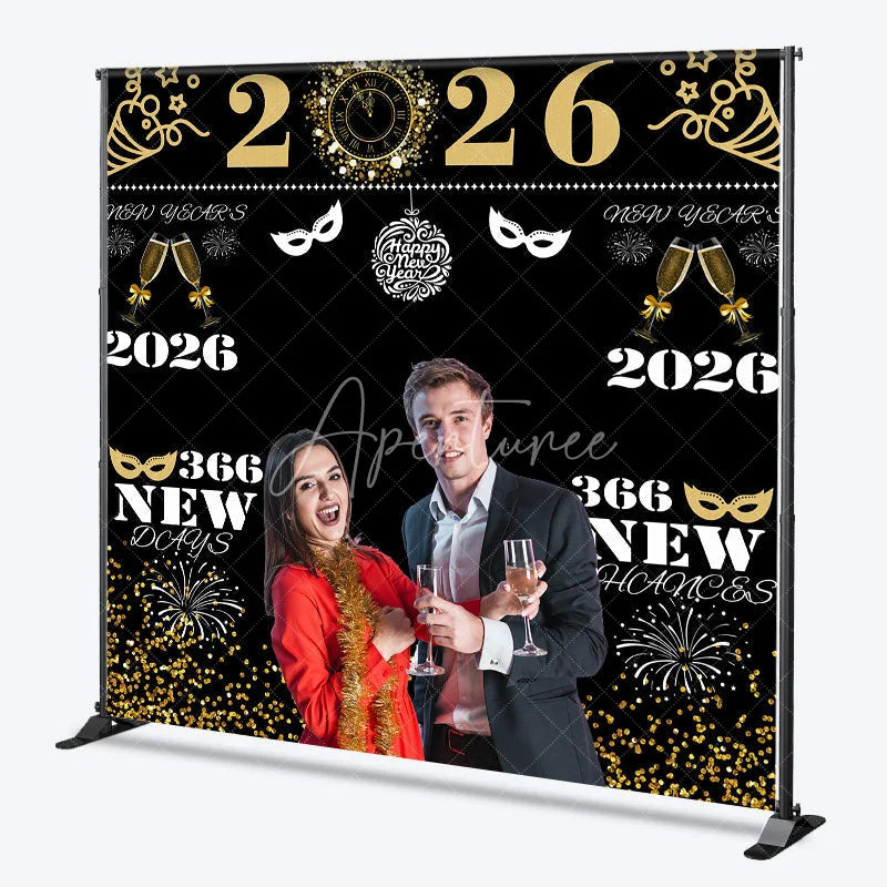 Aperturee - Aperturee Personalized 2026 New Year’s Eve Photo Backdrop Black and Gold ’366 New Chances’ Custom NYE Party Photo Booth