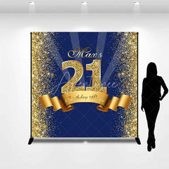Aperturee - Aperturee Personalized 21st Birthday Backdrop Gold Glitter Number 21 on Navy Blue Background Custom Name Milestone Party Decor