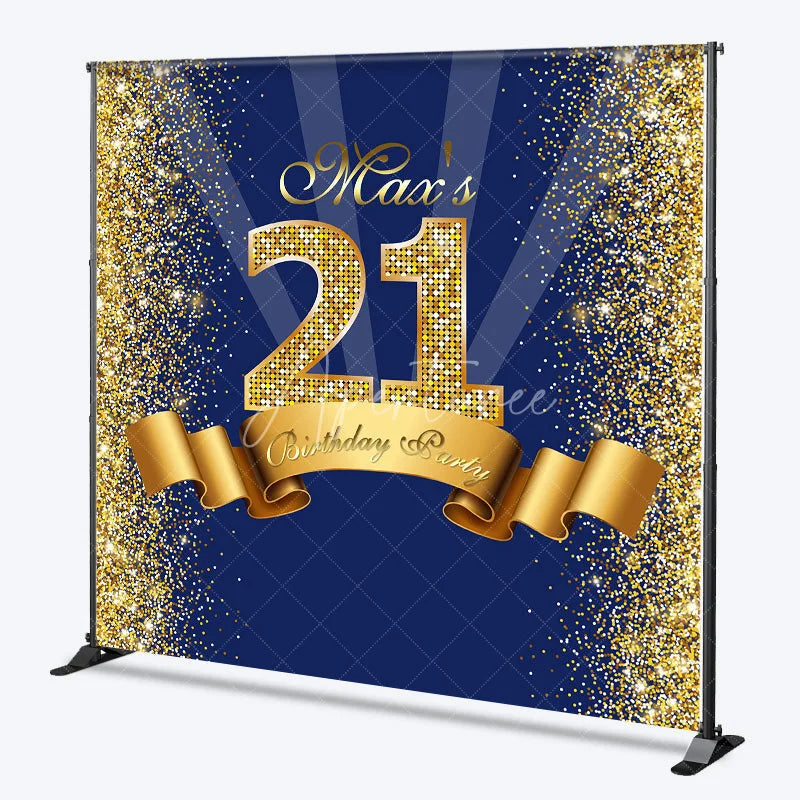 Aperturee - Aperturee Personalized 21st Birthday Backdrop Gold Glitter Number 21 on Navy Blue Background Custom Name Milestone Party Decor