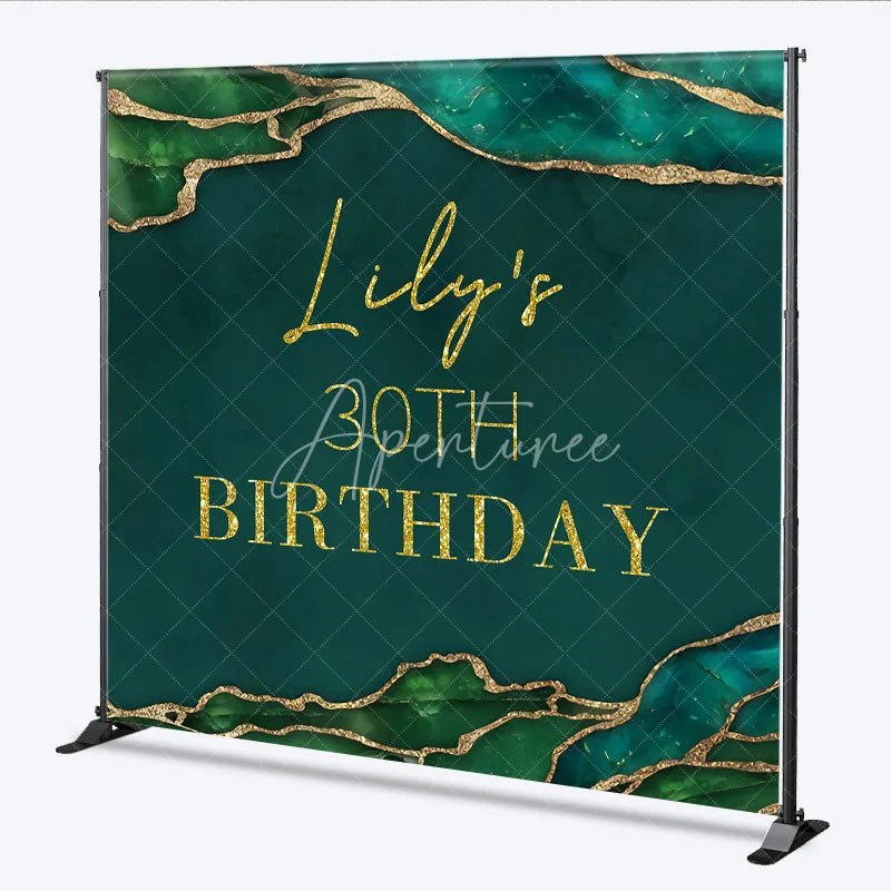 Aperturee - Aperturee Personalized 30th Birthday Backdrop in Emerald Green and Gold Elegant Agate Marble Custom Name Party Decor