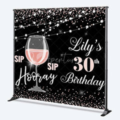 Aperturee - Aperturee Personalized 30th Birthday Backdrop Sip Sip Hooray Rose Gold and Black Wine Party Decoration