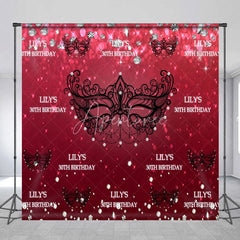Aperturee - Aperturee Personalized 30th Birthday Masquerade Backdrop Red and Black Venetian Mask Custom Name Glitter Party Decor