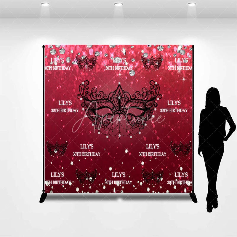 Aperturee - Aperturee Personalized 30th Birthday Masquerade Backdrop Red and Black Venetian Mask Custom Name Glitter Party Decor