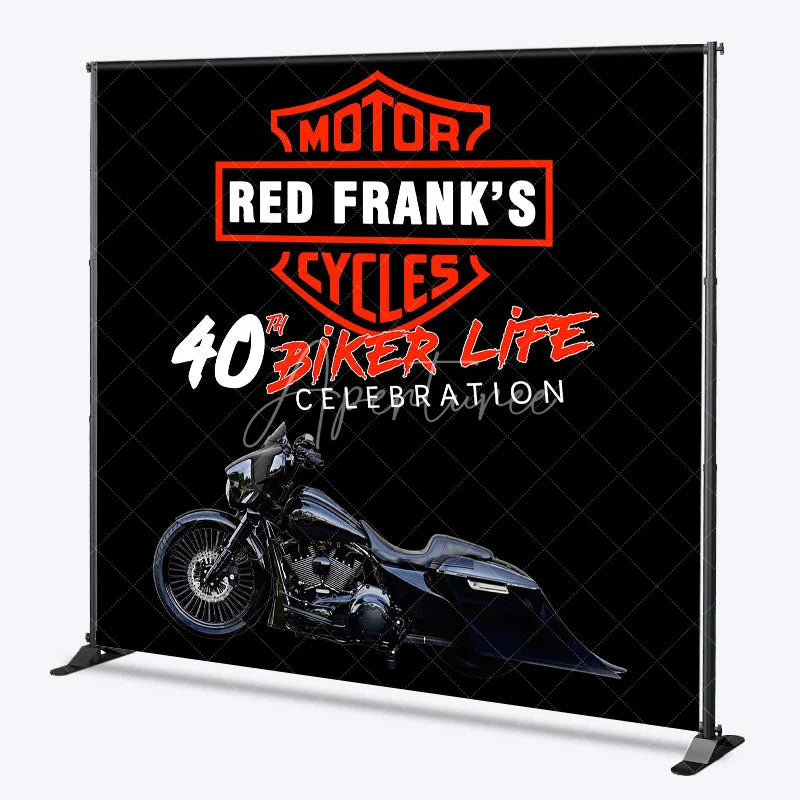 Aperturee - Aperturee Personalized 40th Biker Birthday Backdrop Custom Name Motorcycle Theme Motorcycle Club Inspired Party Decor