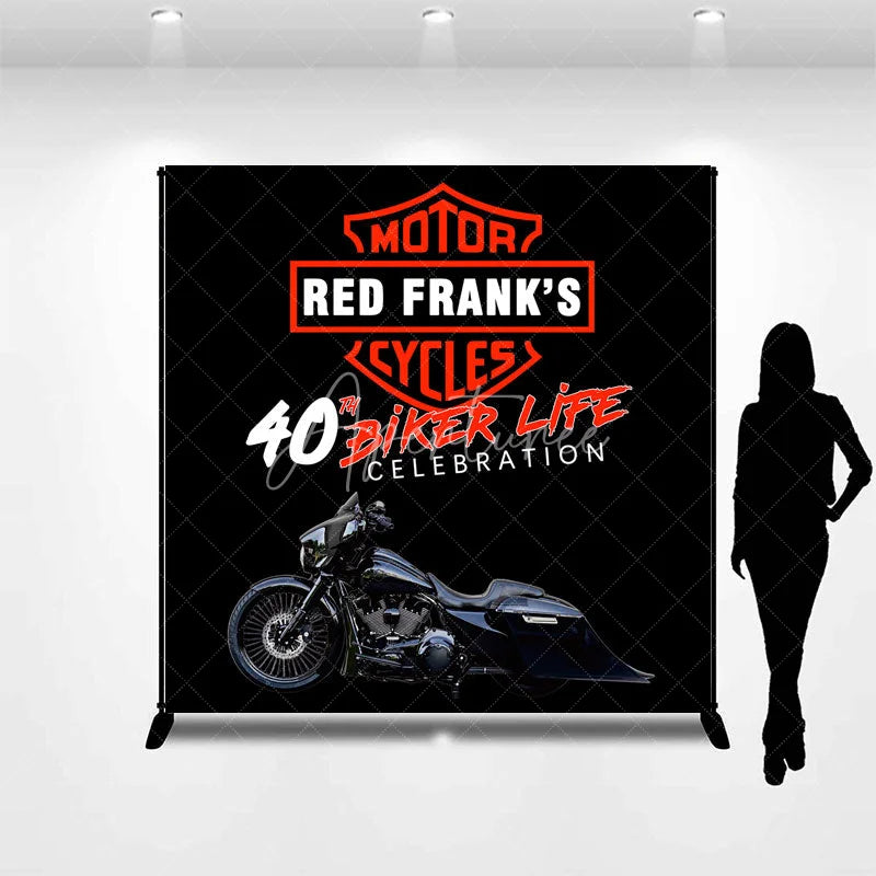 Aperturee - Aperturee Personalized 40th Biker Birthday Backdrop Custom Name Motorcycle Theme Motorcycle Club Inspired Party Decor