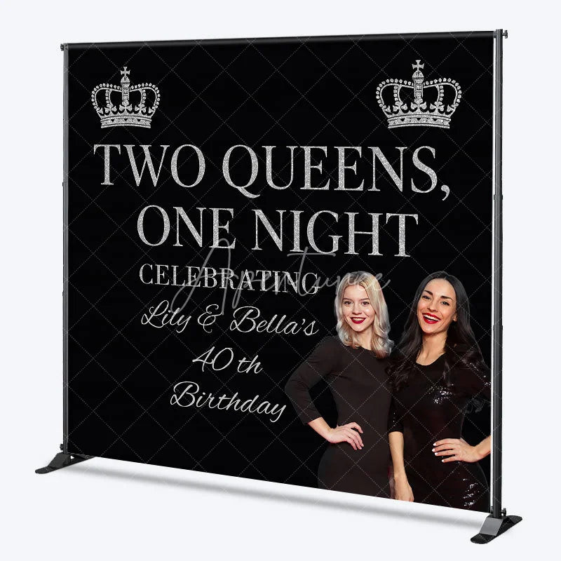 Aperturee - Aperturee Personalized 40th Birthday Two Queens One Night Backdrop Custom Name Silver Crown Party Banner