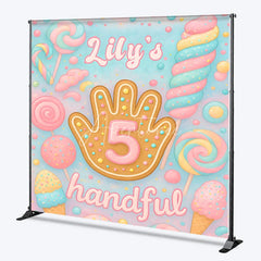 Aperturee - Aperturee Personalized 5 Handful Candy Birthday Backdrop Custom Name Pastel Lollipop Party Banner