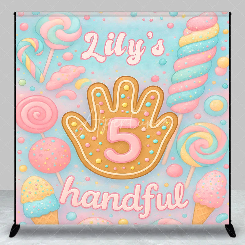 Aperturee - Aperturee Personalized 5 Handful Candy Birthday Backdrop Custom Name Pastel Lollipop Party Banner