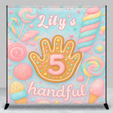 Aperturee - Aperturee Personalized 5 Handful Candy Birthday Backdrop Custom Name Pastel Lollipop Party Banner