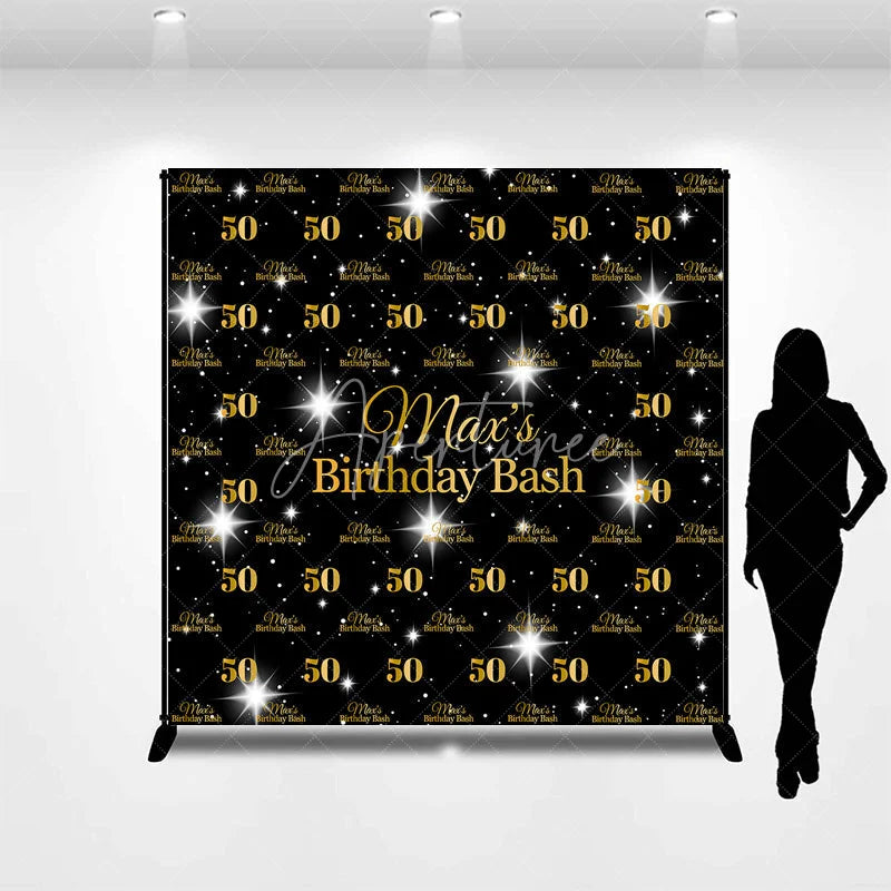 Aperturee - Aperturee Personalized 50th Birthday Bash Backdrop Gold Glitter Number 50 on Black Background Custom Name Milestone Decor