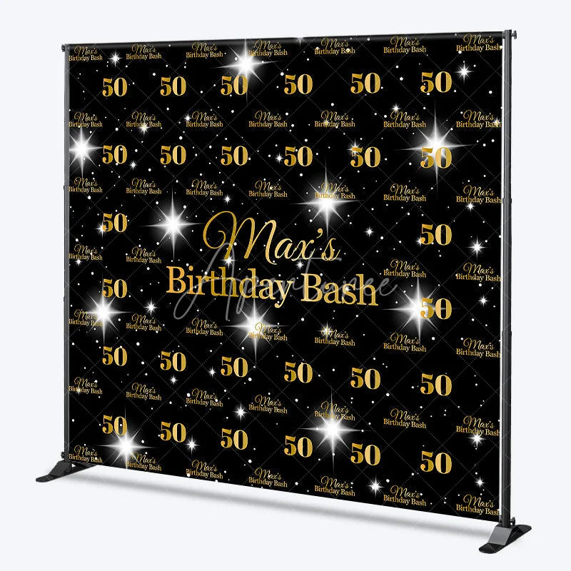 Aperturee - Aperturee Personalized 50th Birthday Bash Backdrop Gold Glitter Number 50 on Black Background Custom Name Milestone Decor