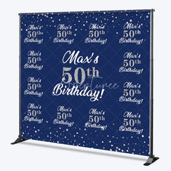 Aperturee - Aperturee Personalized 50th Birthday Step and Repeat Backdrop Custom Name Navy Blue and Silver Party Banner