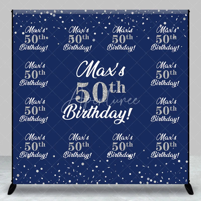 Aperturee - Aperturee Personalized 50th Birthday Step and Repeat Backdrop Custom Name Navy Blue and Silver Party Banner