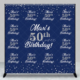 Aperturee - Aperturee Personalized 50th Birthday Step and Repeat Backdrop Custom Name Navy Blue and Silver Party Banner