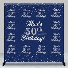 Aperturee - Aperturee Personalized 50th Birthday Step and Repeat Backdrop Custom Name Navy Blue and Silver Party Banner