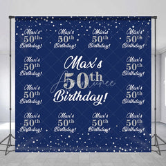 Aperturee - Aperturee Personalized 50th Birthday Step and Repeat Backdrop Custom Name Navy Blue and Silver Party Banner