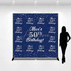 Aperturee - Aperturee Personalized 50th Birthday Step and Repeat Backdrop Custom Name Navy Blue and Silver Party Banner
