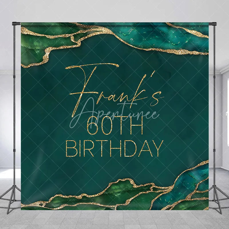 Aperturee - Aperturee Personalized 60th Birthday Backdrop in Emerald Green and Gold Elegant Agate Marble Custom Name Party Decor