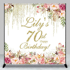 Aperturee - Aperturee Personalized 70th Birthday Custom Backdrop Gold Glitter Drips and Elegant Watercolor Floral Design for Party