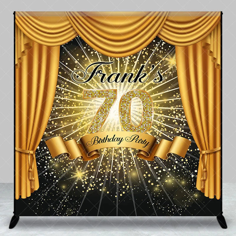 Aperturee - Aperturee Personalized 70th Birthday Party Backdrop Hollywood Gold Curtains and Spotlight Custom Name VIP Event Decor