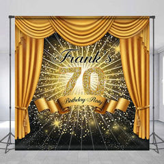 Aperturee - Aperturee Personalized 70th Birthday Party Backdrop Hollywood Gold Curtains and Spotlight Custom Name VIP Event Decor