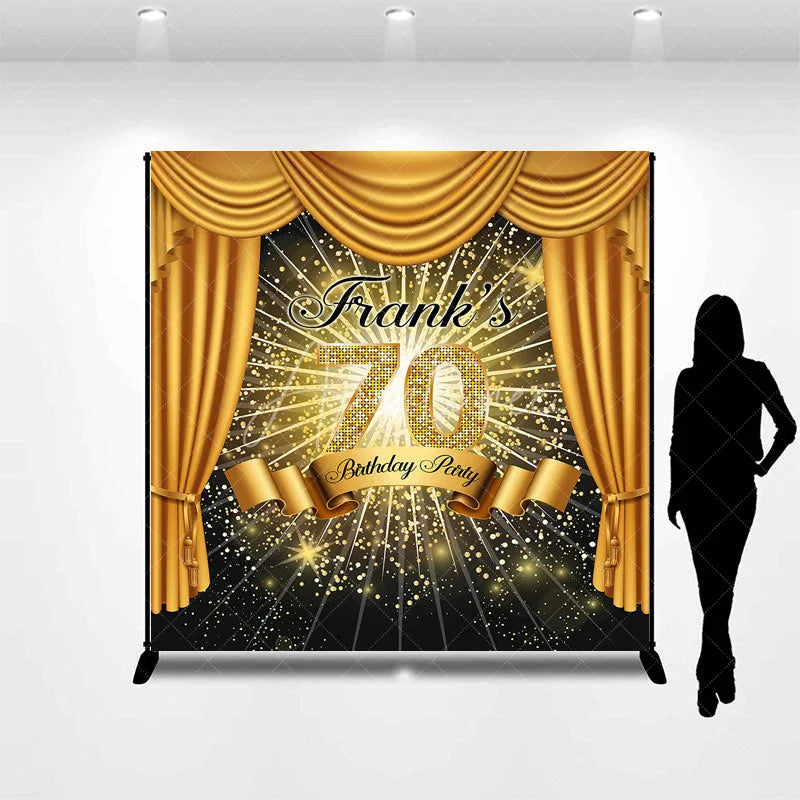 Aperturee - Aperturee Personalized 70th Birthday Party Backdrop Hollywood Gold Curtains and Spotlight Custom Name VIP Event Decor