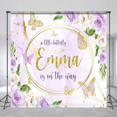 Aperturee - Aperturee Personalized A Little Butterfly is on the Way Backdrop Purple Floral with Gold Custom Name Girl Baby Shower