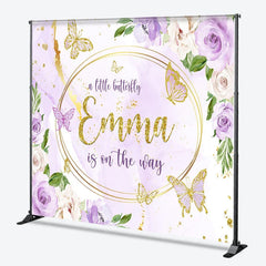 Aperturee - Aperturee Personalized A Little Butterfly is on the Way Backdrop Purple Floral with Gold Custom Name Girl Baby Shower