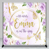 Aperturee - Aperturee Personalized A Little Butterfly is on the Way Backdrop Purple Floral with Gold Custom Name Girl Baby Shower
