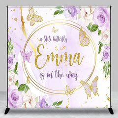 Aperturee - Aperturee Personalized A Little Butterfly is on the Way Backdrop Purple Floral with Gold Custom Name Girl Baby Shower