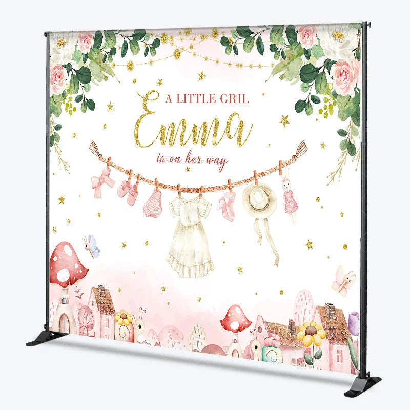 Aperturee - Aperturee Personalized A Little Girl is on Her Way Backdrop Pink Floral Clothesline Custom Name Baby Shower Decor
