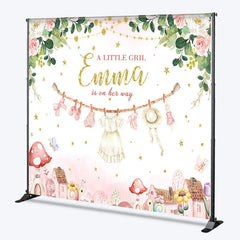 Aperturee - Aperturee Personalized A Little Girl is on Her Way Backdrop Pink Floral Clothesline Custom Name Baby Shower Decor