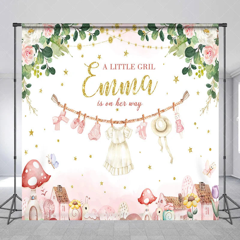 Aperturee - Aperturee Personalized A Little Girl is on Her Way Backdrop Pink Floral Clothesline Custom Name Baby Shower Decor