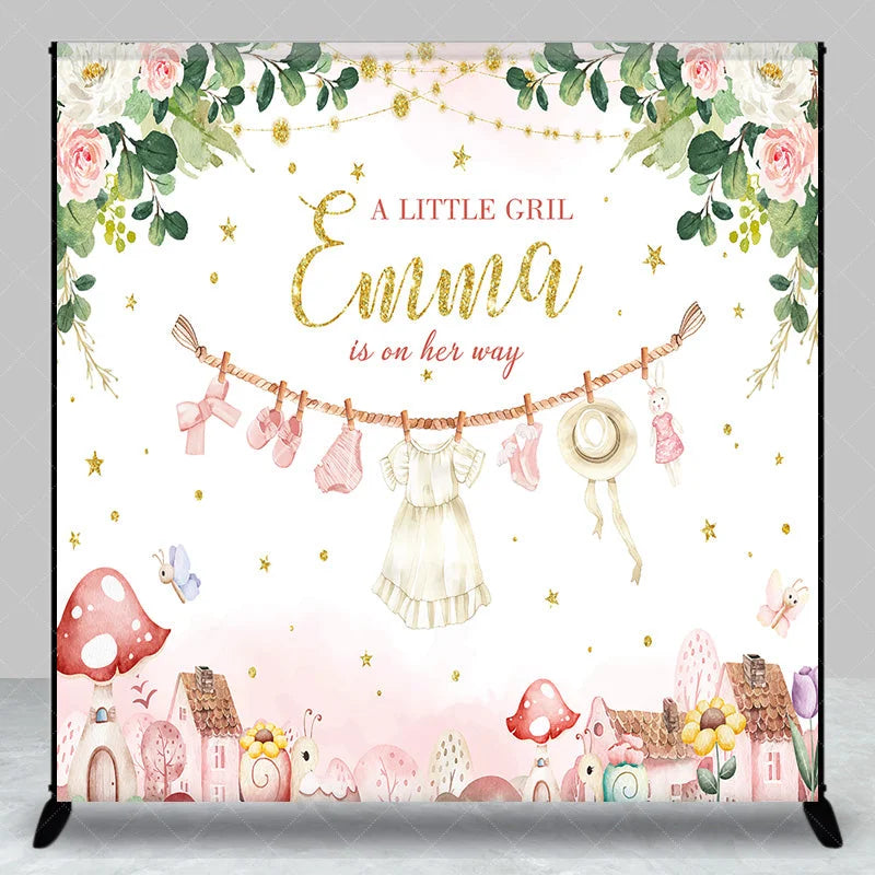 Aperturee - Aperturee Personalized A Little Girl is on Her Way Backdrop Pink Floral Clothesline Custom Name Baby Shower Decor