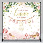 Aperturee - Aperturee Personalized A Little Girl is on Her Way Backdrop Pink Floral Clothesline Custom Name Baby Shower Decor