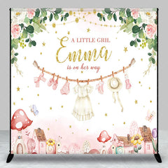 Aperturee - Aperturee Personalized A Little Girl is on Her Way Backdrop Pink Floral Clothesline Custom Name Baby Shower Decor