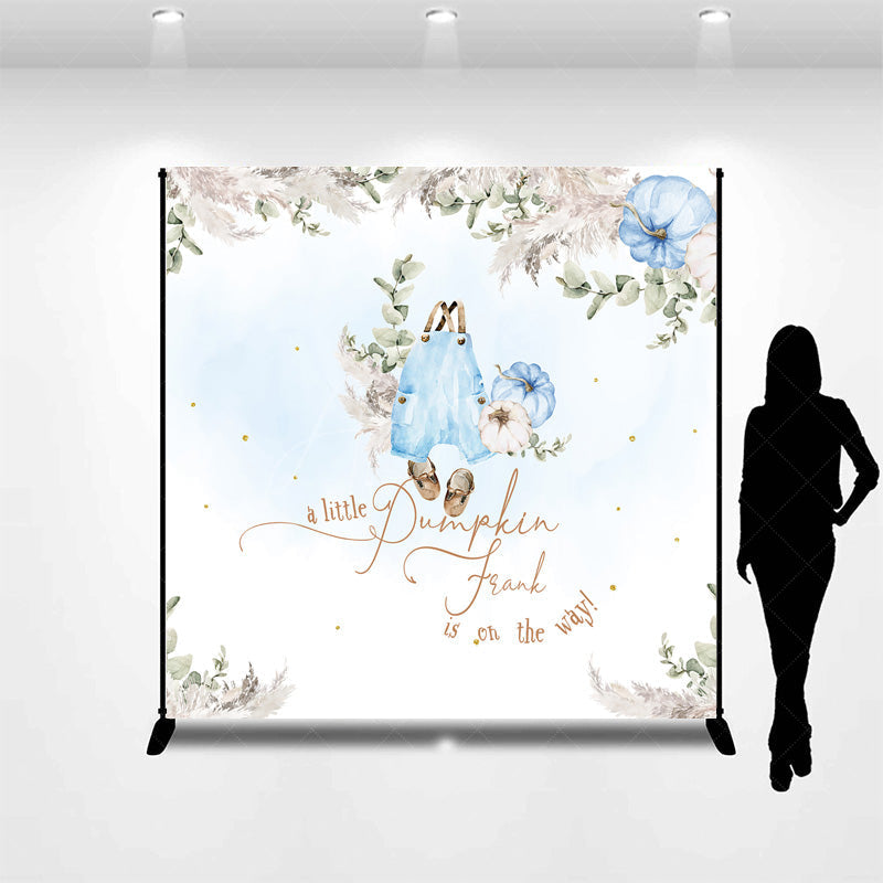 Aperturee - Aperturee Personalized A Little Pumpkin Baby Shower Backdrop Boho Pampas Grass and Blue Overalls Theme Custom Name Decor for Boy