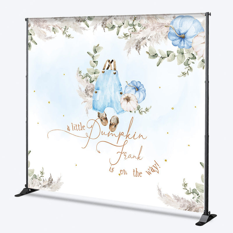 Aperturee - Aperturee Personalized A Little Pumpkin Baby Shower Backdrop Boho Pampas Grass and Blue Overalls Theme Custom Name Decor for Boy