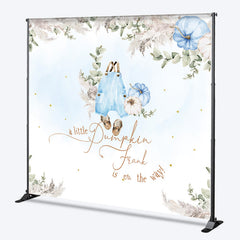 Aperturee - Aperturee Personalized A Little Pumpkin Baby Shower Backdrop Boho Pampas Grass and Blue Overalls Theme Custom Name Decor for Boy