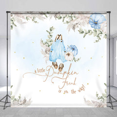 Aperturee - Aperturee Personalized A Little Pumpkin Baby Shower Backdrop Boho Pampas Grass and Blue Overalls Theme Custom Name Decor for Boy
