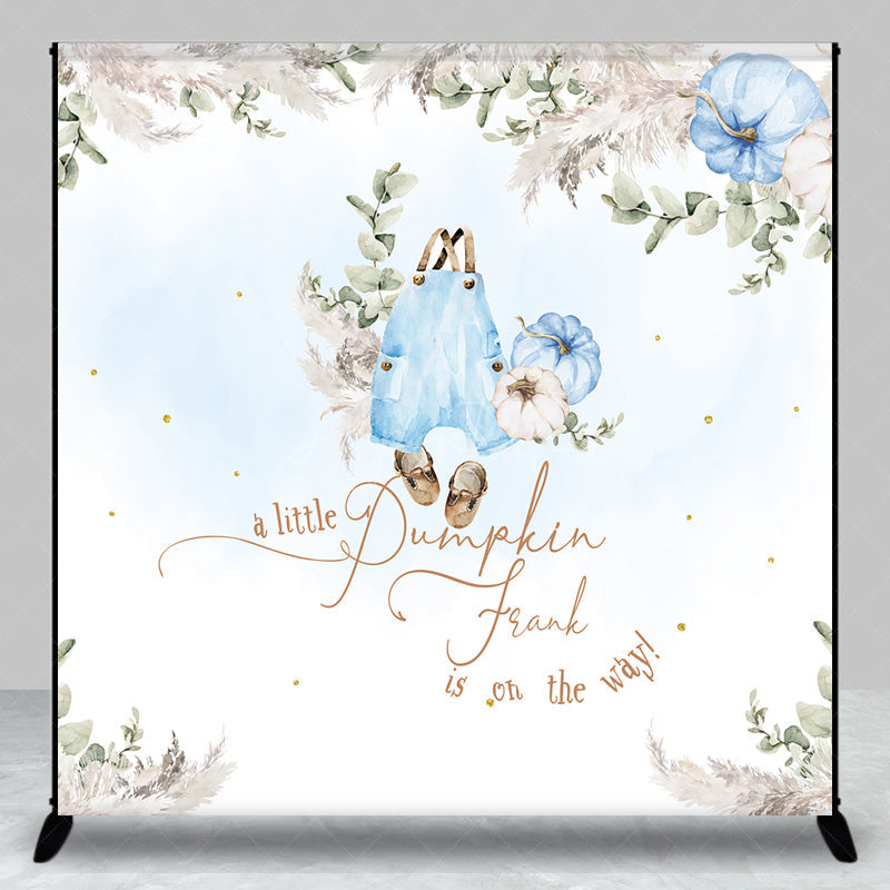 Aperturee - Aperturee Personalized A Little Pumpkin Baby Shower Backdrop Boho Pampas Grass and Blue Overalls Theme Custom Name Decor for Boy