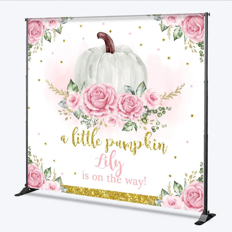 Aperturee - Aperturee Personalized A Little Pumpkin is on the Way Backdrop Pink Floral and Gold Custom Name Girl Baby Shower Decor