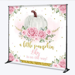 Aperturee - Aperturee Personalized A Little Pumpkin is on the Way Backdrop Pink Floral and Gold Custom Name Girl Baby Shower Decor